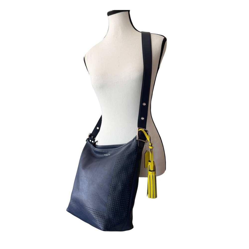 Coach Navy Leather Perforated Crossbody Bag Convertible Shoulder Yellow Tassel